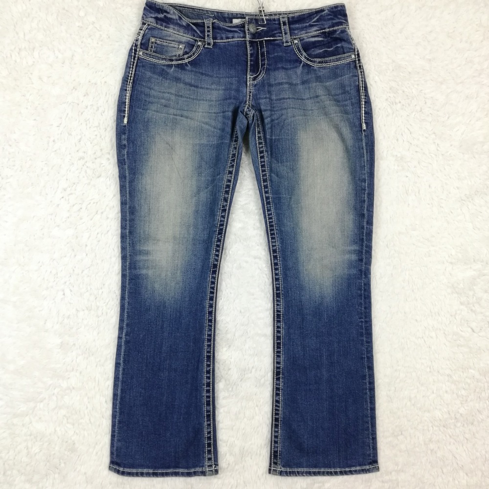Daytrip Womens Jeans Leo Boot Cut Blue Denim Stone Wash Low Rise Whiskering 29